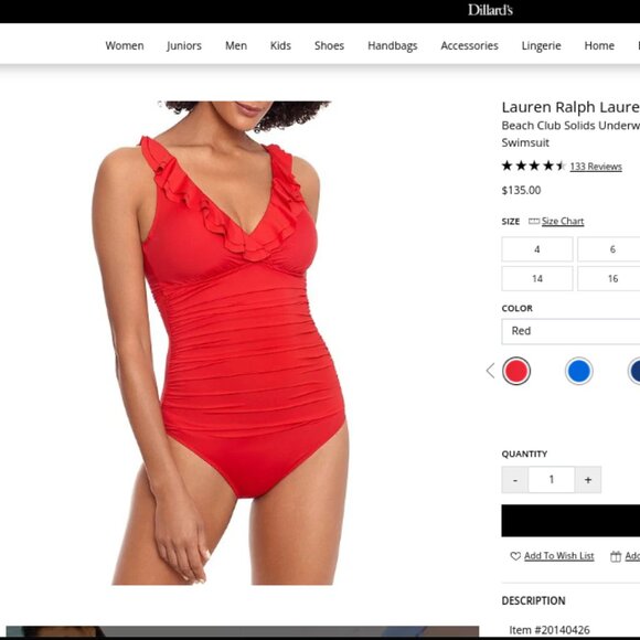 Underwire Ruffle Surplice V-Neck One Piece red Swimsuit Ralph Lauren - Picture 1 of 2